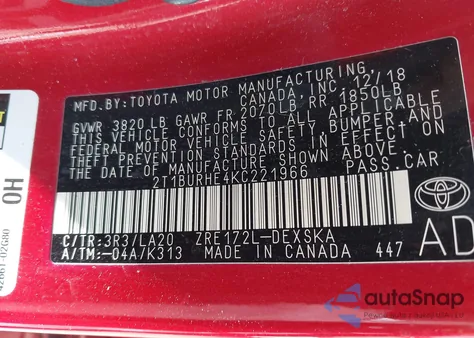 2019 Toyota Corolla Xse from USA, damaged, VIN 2T1BURHE4KC221966